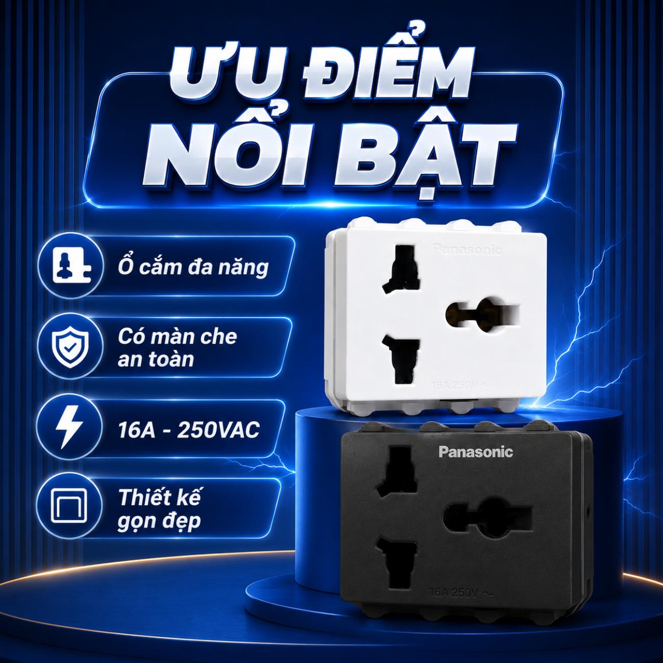 Ổ cắm đa năng có màn che Panasonic WIDE Series 250VAC – 16A xuất xứ Ấn Độ